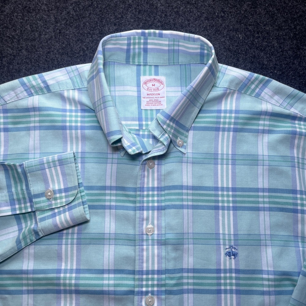 Brooks Brothers Button Down Men M Turquoise Excellent Madison Plaid Non-Iron